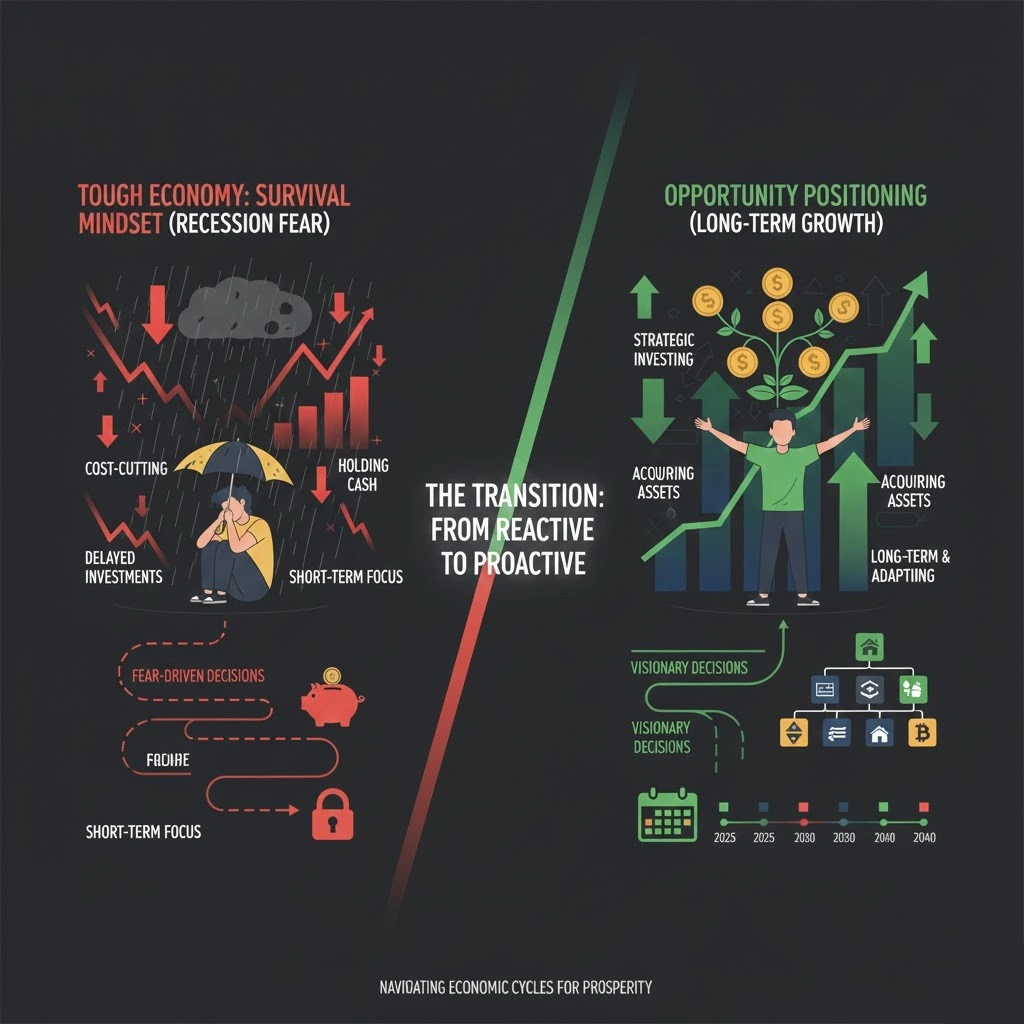 Conceptual illustration showing transition from survival mindset to opportunity positioning during a tough economy, including charts, decision paths, and long term planning visuals