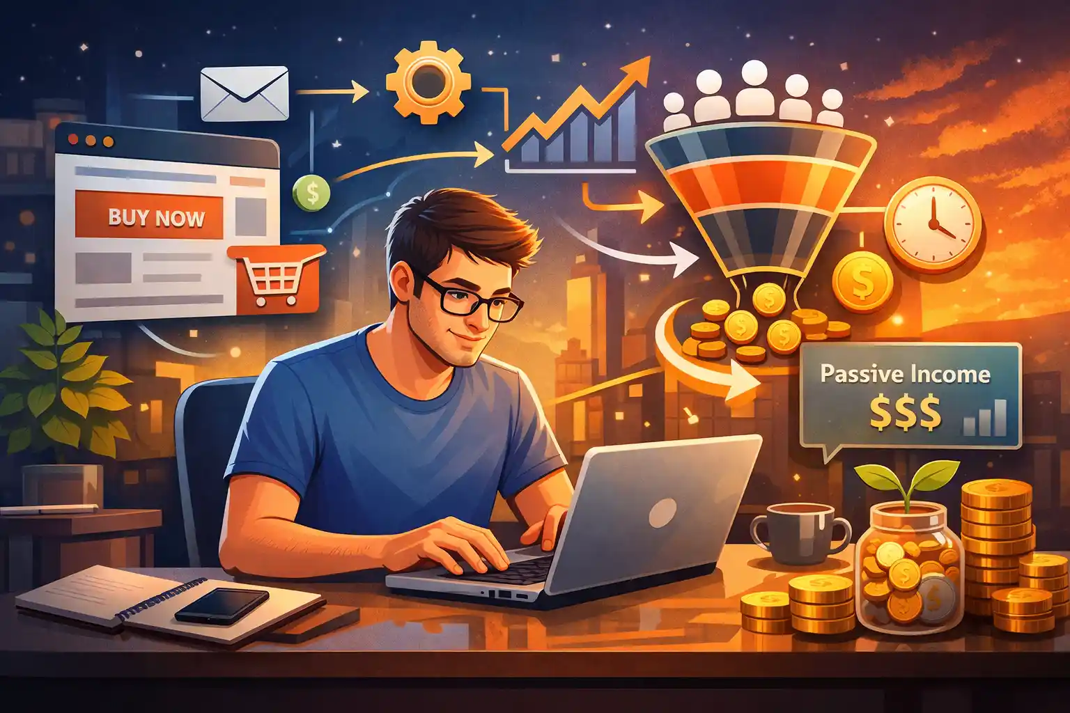 Person building an online business system that generates passive income over time