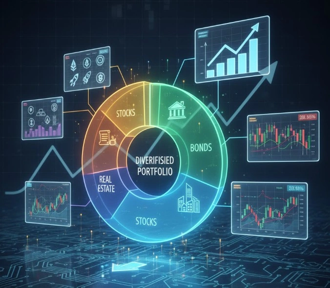 Illustration of a balanced diversified investment portfolio chart with stocks, bonds, and assets