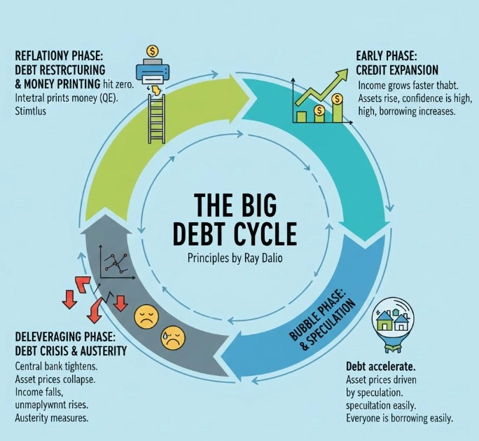 Diagram illustrating the phases of the Big Debt Cycle, labeled with key Big Debt Crises Principles.