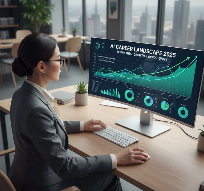 Professional reviewing AI career paths data on computer with upward trending graphs showing salary increases and job growth in artificial intelligence fields