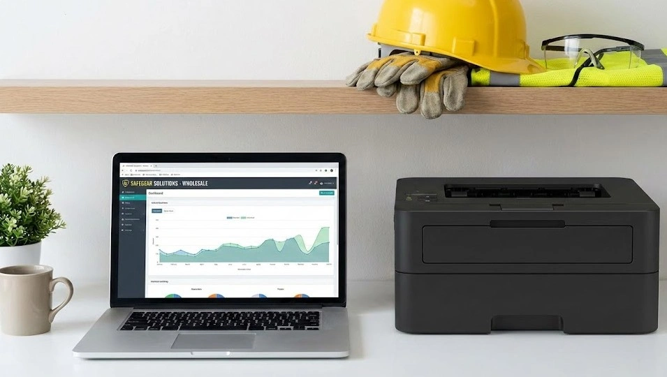 A clean workspace showing a laptop next to a printer and industrial safety gear, representing boring but profitable ecommerce niches