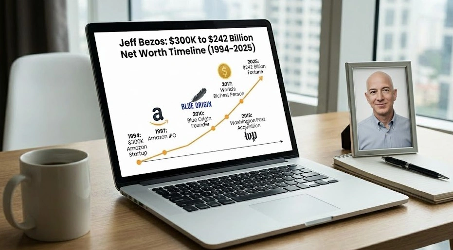 Jeff Bezos net worth timeline showing progression from $300,000 startup investment to current $242 billion fortune through Amazon, Blue Origin, and strategic investments