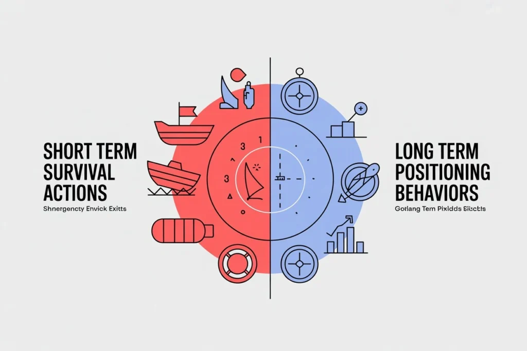 infographic showing short term survival actions versus long term positioning behaviors