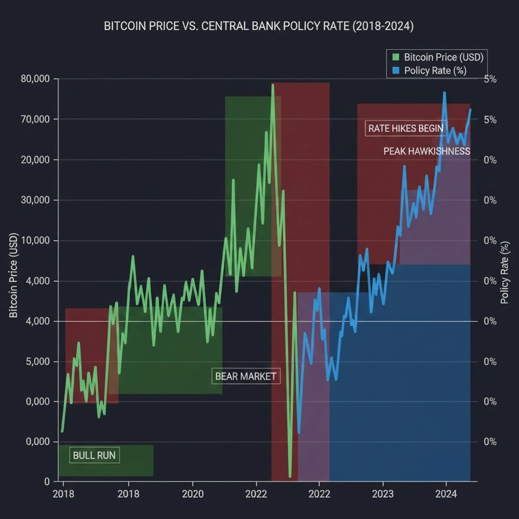line chart comparing Bitcoin price and central bank policy rate over time