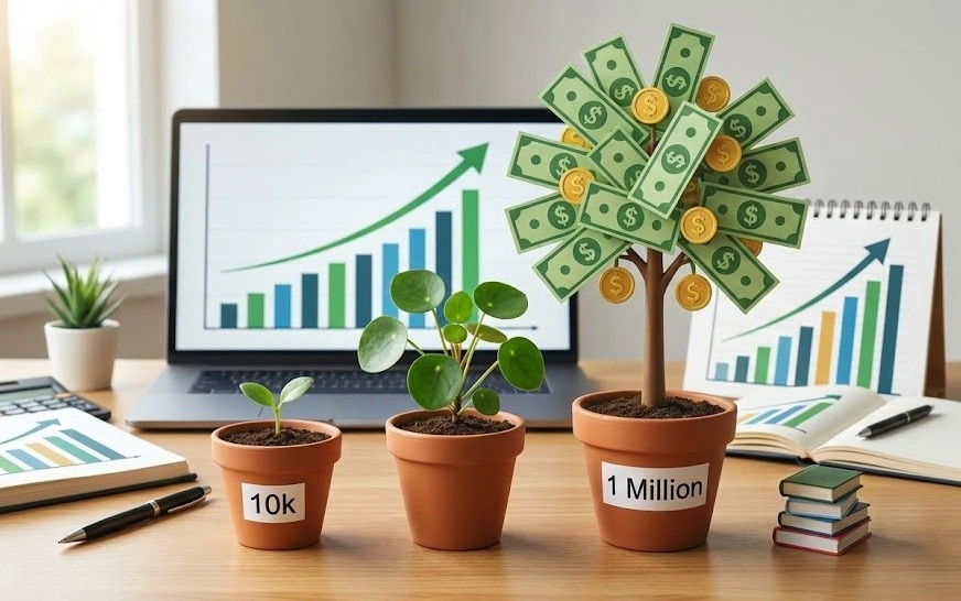 oncept of business growth showing a small plant growing into a money tree on a desk with financial charts, representing turning 10k into a million.