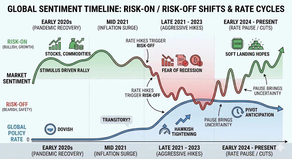 sentiment timeline showing shifts from risk on to risk off during rate cycles