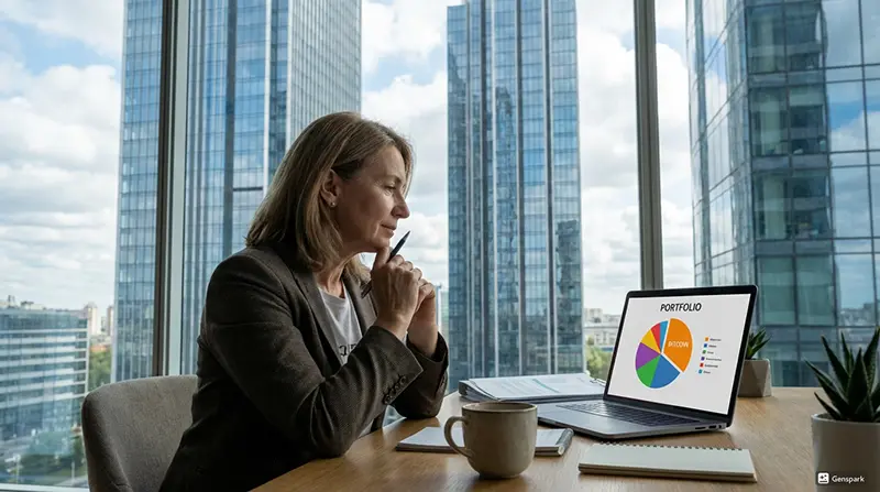 A retail investor at a desk with a laptop reviewing a diversified portfolio pie chart that includes a Bitcoin slice