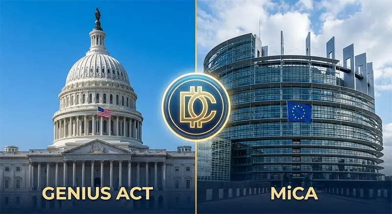 US Capitol Building and the EU Parliament with a digital currency symbol