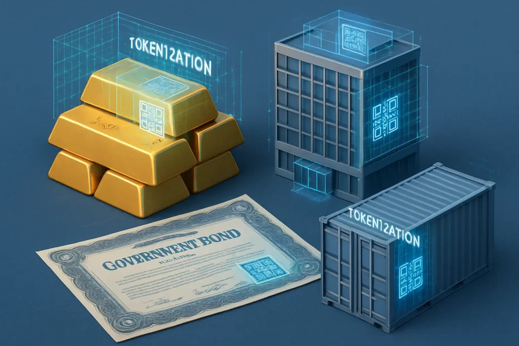 various asset classes being tokenized. A stack of gold bars, a commercial office building, a government bond certificate, and a shipping container