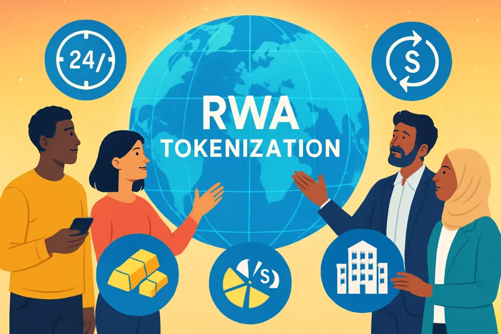 A diverse group of global investors interacting with a large, glowing digital globe. Icons representing 24/7 trading, instant settlement, and fractional pieces of a gold bar and a luxury apartment. Bright, optimistic, and inclusive atmosphere