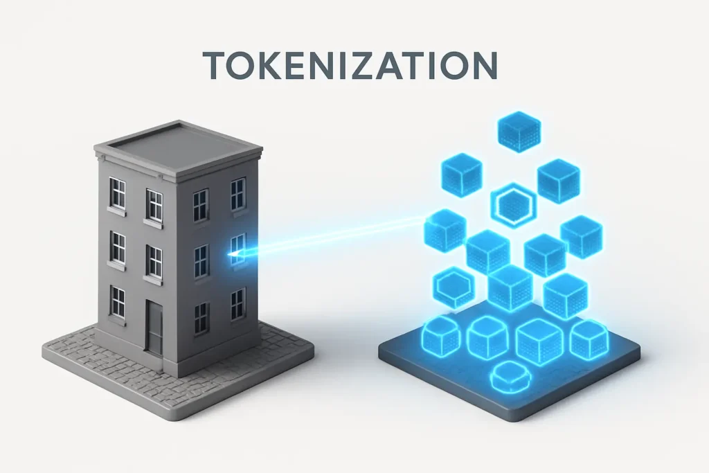 Clean white background, professional fintech style, representing the transition from physical to digital assets.