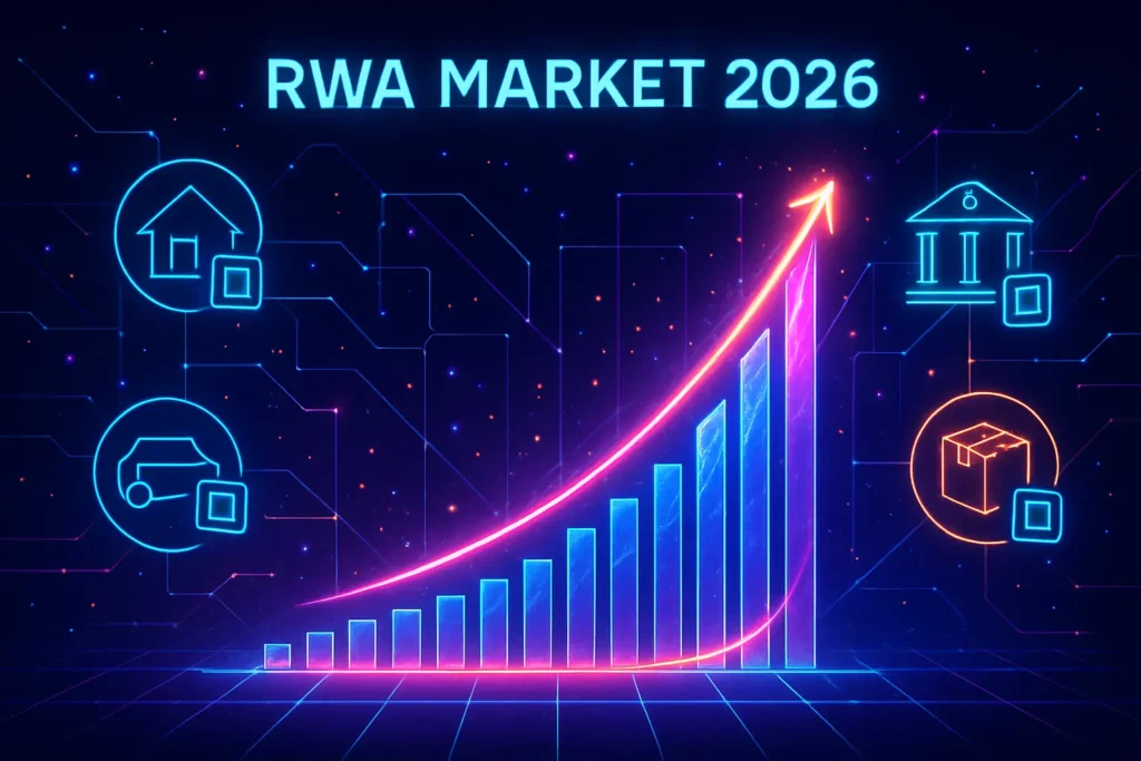 A futuristic vision of the RWA market in 2026. A hyper-connected digital ecosystem where every physical object has a digital twin token. A glowing data visualization showing exponential growth curves. Vibrant, energetic, and forward-looking style with neon accents.