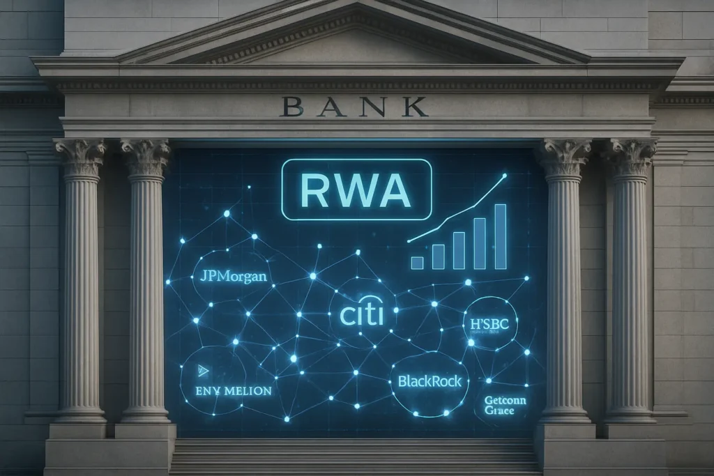 A powerful image representing institutional adoption of RWA. A grand, classical marble bank building with a modern digital interface projected on its facade. Logos of major financial institutions subtly integrated into a glowing blockchain network.