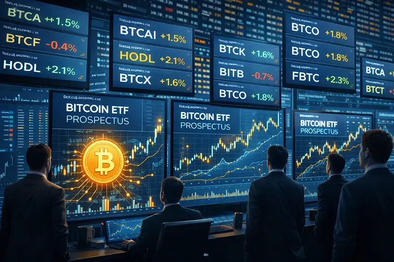 multiple Bitcoin ETF prospectuses and ticker symbols appearing on digital stock