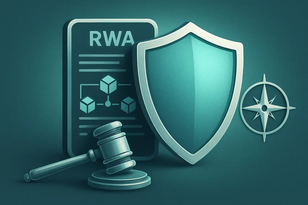 A conceptual image for RWA regulation and security. A digital shield protecting a blockchain ledger that contains real-world asset data. A gavel and a compass symbol nearby, representing legal frameworks and global compliance. Clean, secure, and trustworthy aesthetic with teal and silver tones.