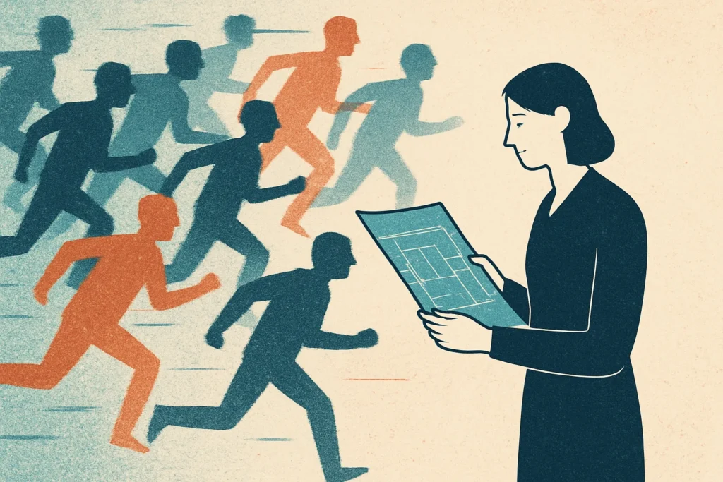 An abstract image of a crowd of people running in the same direction, with a single, calm figure standing still and looking at a blueprint