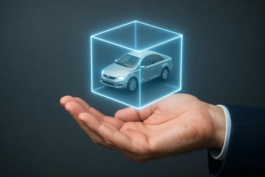 a hand holding a glowing, transparent digital cube that contains a small, detailed physical object, symbolizing the tangible feeling of digital ownership and control.