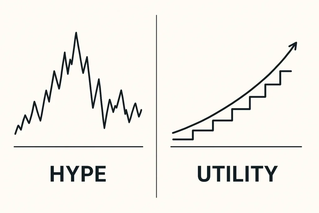 One side shows a chaotic, volatile graph (Hype). The other side shows a smooth, upward-trending line with small, consistent steps (Utility).