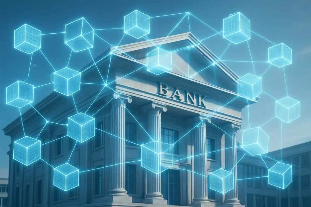 a large, traditional financial building (like a bank) with a glowing, transparent blockchain network overlaid on it, symbolizing the integration of digital assets into the mainstream financial system.