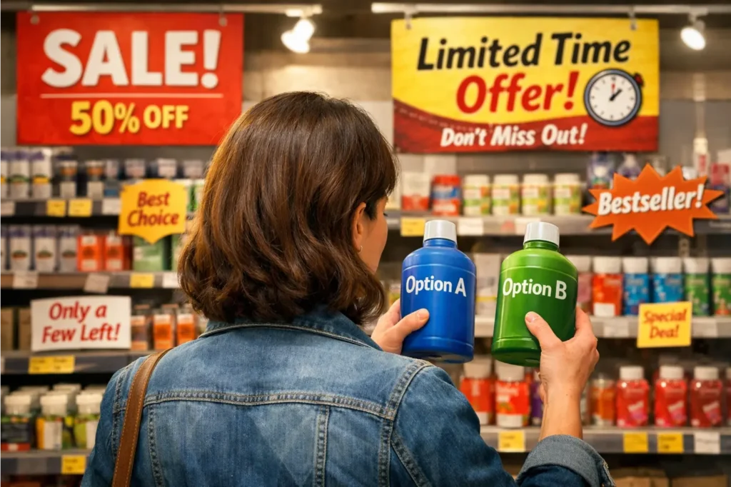 A consumer making a decision influenced by behavioral economics, showing how psychological factors shape financial choices.