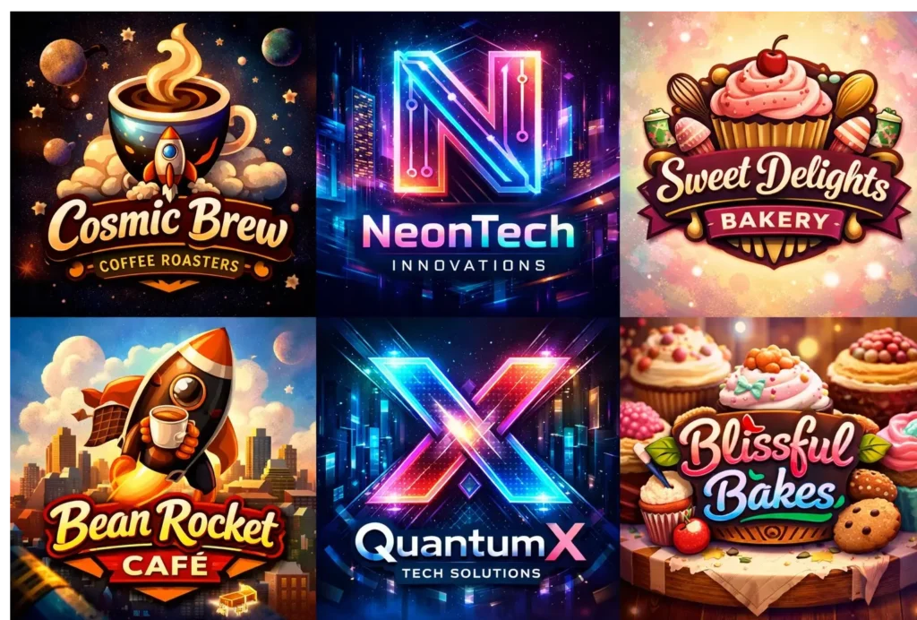 A vibrant collection of AI-generated logos and marketing images, demonstrating the power of AI in crafting a distinctive visual brand identity