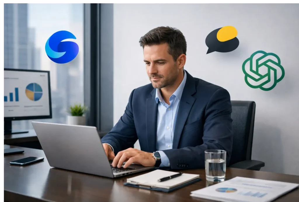 Logos of popular AI chatbots like Gemini, Claude, and ChatGPT, symbolizing intelligent digital assistants facilitating strategic business operations