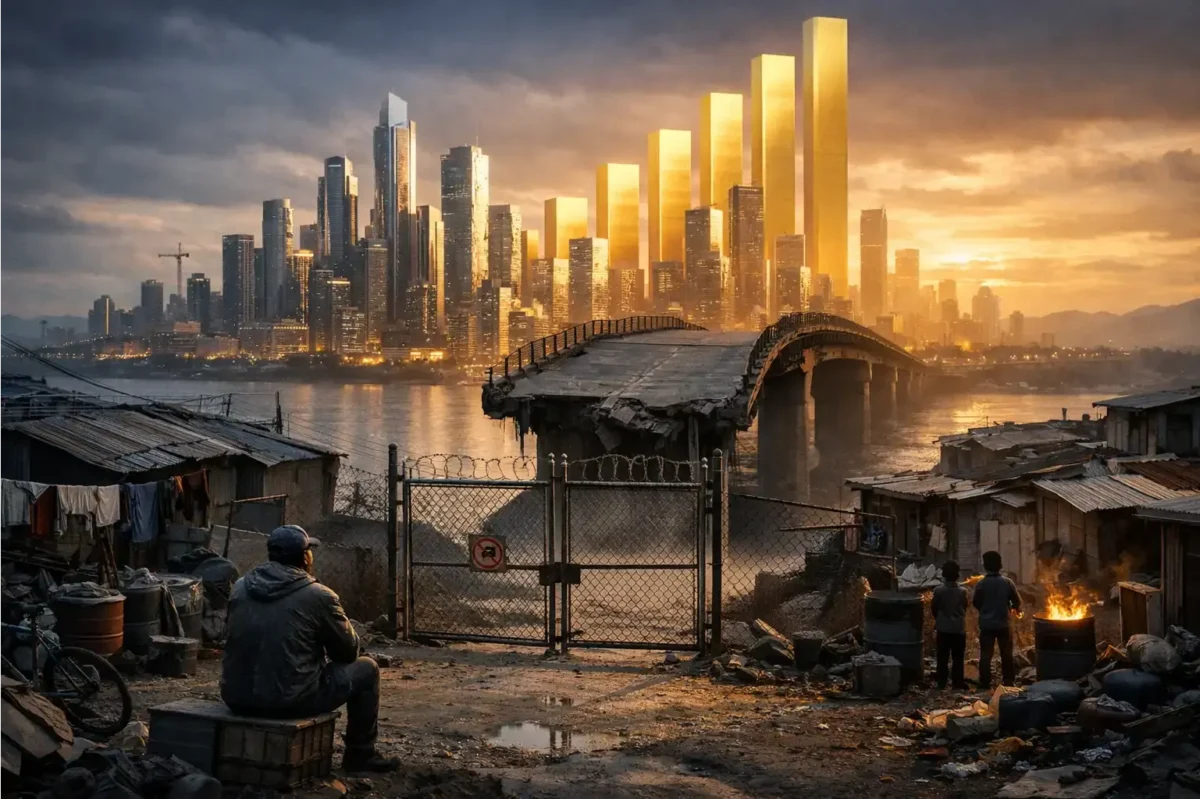 A stark visual contrast between a gleaming, futuristic city skyline with rising golden bar charts and a struggling, shadowed neighborhood in the foreground, separated by a broken bridge.