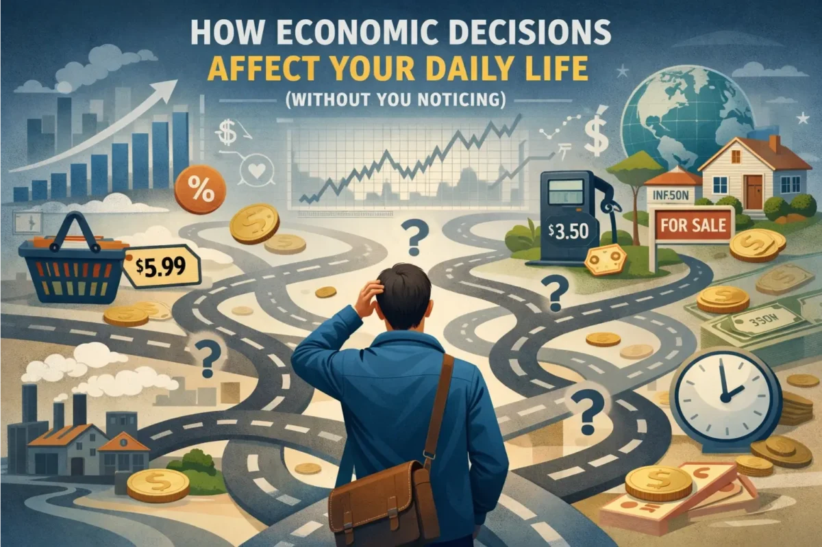 Illustration of a person making everyday choices influenced by invisible economic forces, highlighting how economic decisions affect your daily life without conscious awareness.