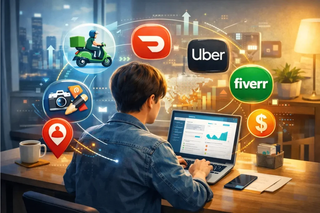 A remote worker in the gig economy, illustrating how economic shifts are changing the nature of work and employment.