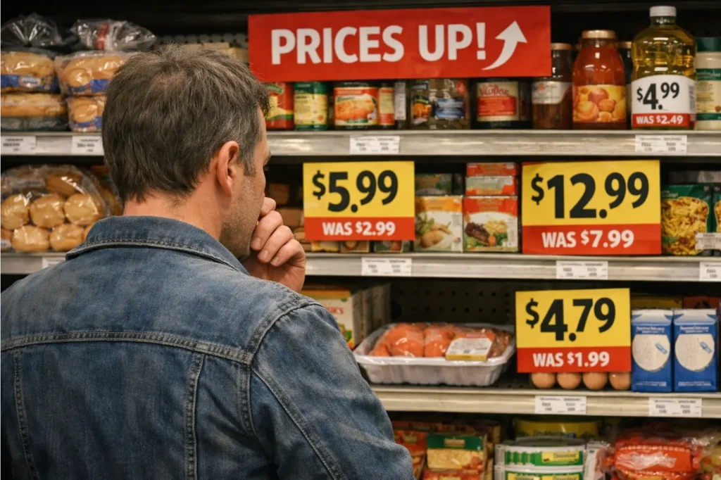 Shopper examining grocery prices, illustrating the direct impact of economic decisions on the cost of daily necessities like food.