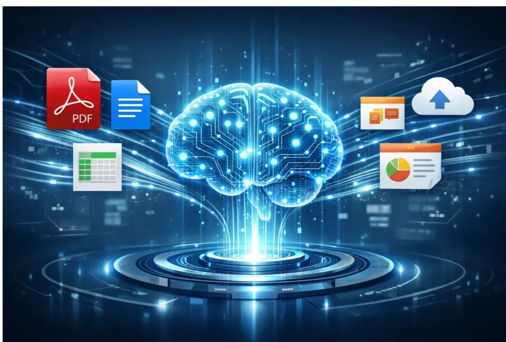 A visual metaphor for a centralized knowledge management system, depicting intelligent information consolidation and easy access to organizational knowledge.