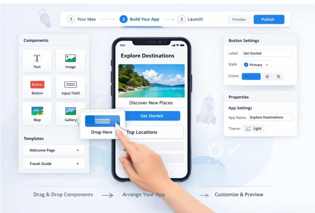 A clean and intuitive interface of a no-code app builder, illustrating the ease with which non-technical users can bring their software ideas to life