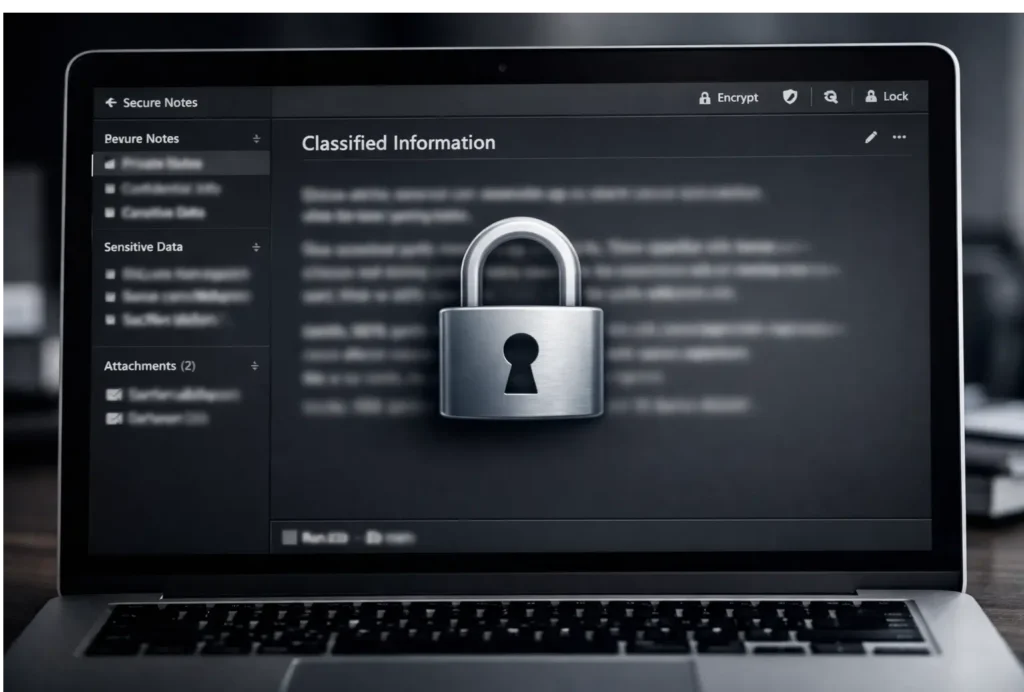A visual representation of data privacy and security in a meeting notes application, highlighting confidentiality and on-device processing for sensitive business discussions