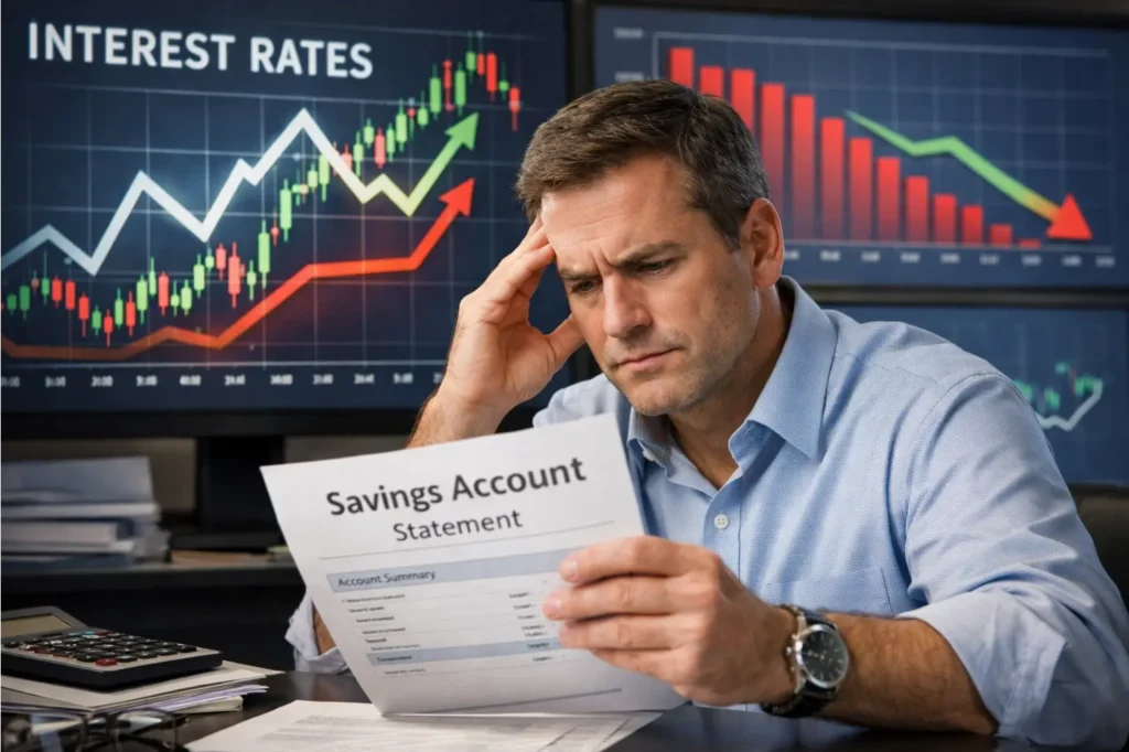 Individual reviewing their savings, illustrating how economic decisions on interest rates affect personal savings and investments.