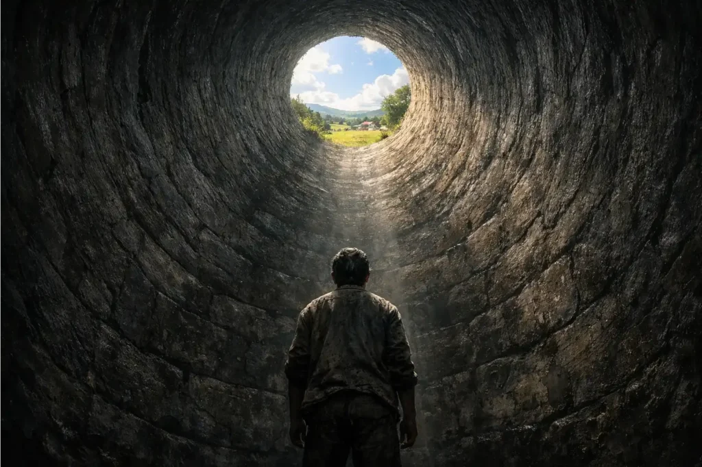 A metaphorical representation of a poverty trap showing a person at the bottom of a deep stone well looking up at a distant prosperous landscape they cannot reach.