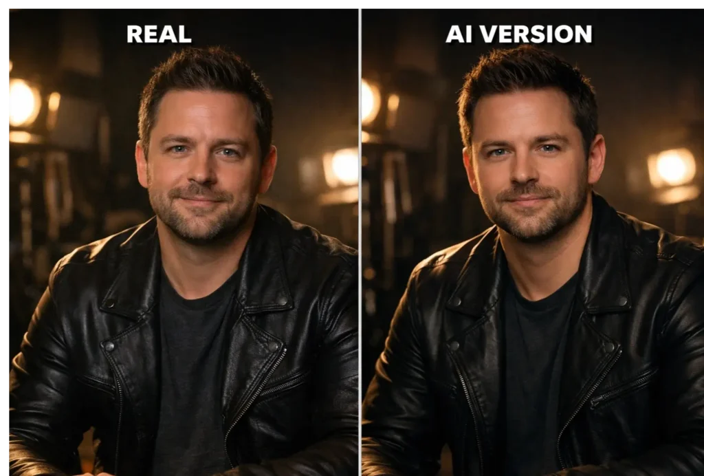 A side-by-side comparison of a real person and their AI-generated video clone, illustrating advanced video creation technology and its potential for scalable content