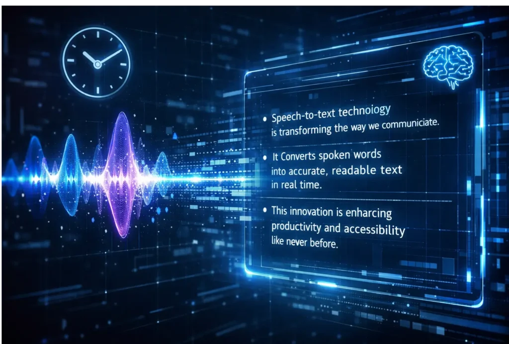 A dynamic visual representation of speech-to-text technology, emphasizing its speed, accuracy, and intelligent formatting capabilities