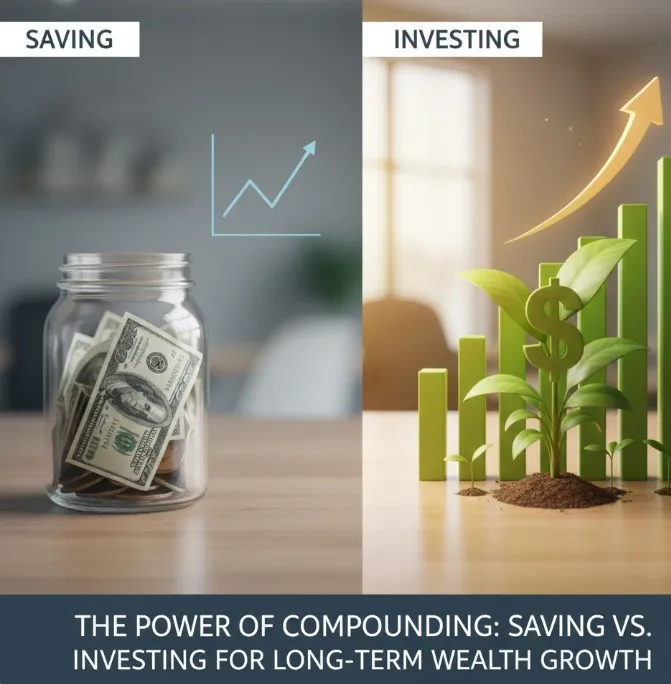 Comparison of saving versus investing showing long-term wealth growth