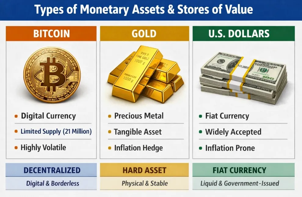 Visual comparison chart showing Bitcoin cryptocurrency, gold bars, and US dollar bills representing three different types of monetary assets and stores of value