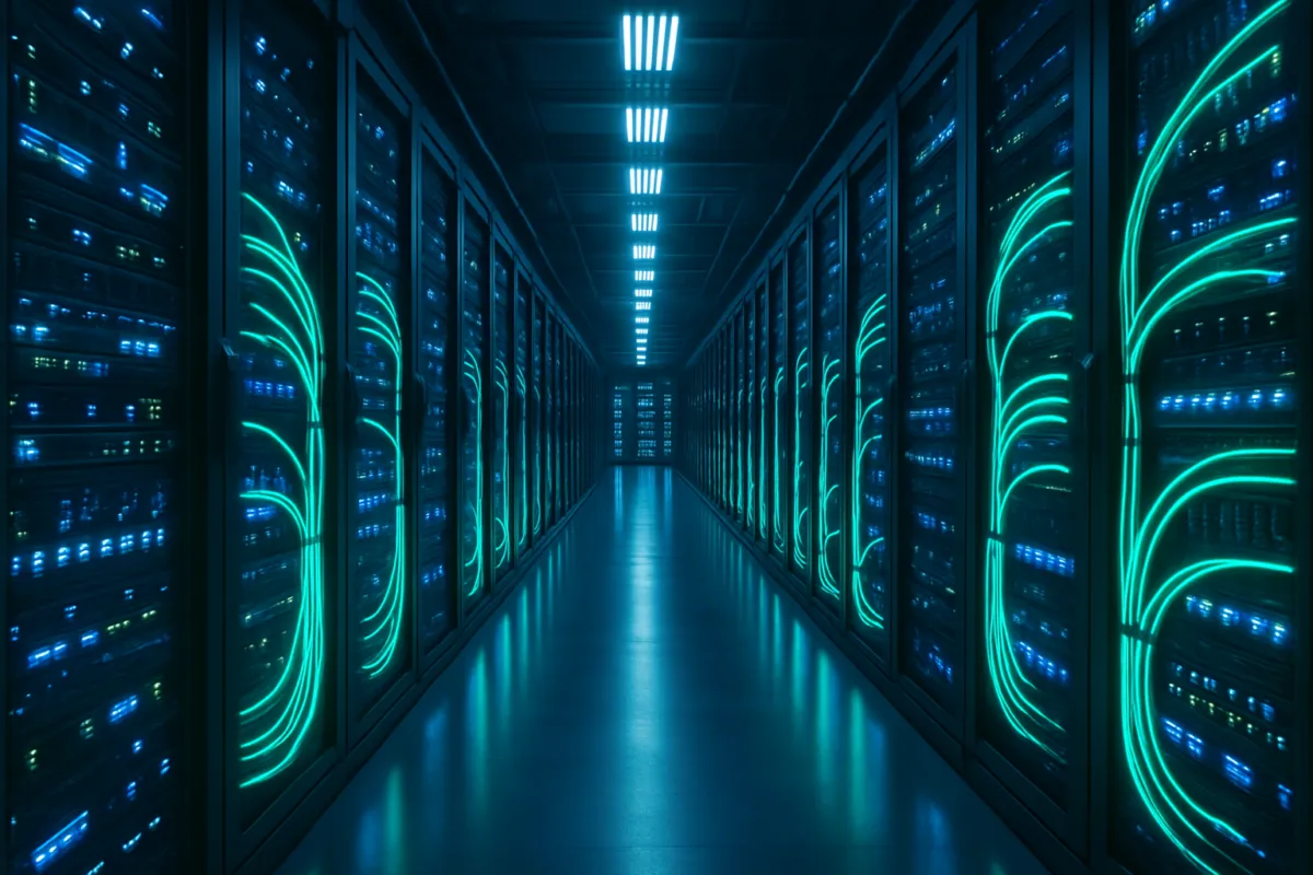 A high-resolution, compelling image of a futuristic, brightly lit data center with rows of servers and glowing blue and green network cables, symbolizing the core of AI infrastructure stocks and the 